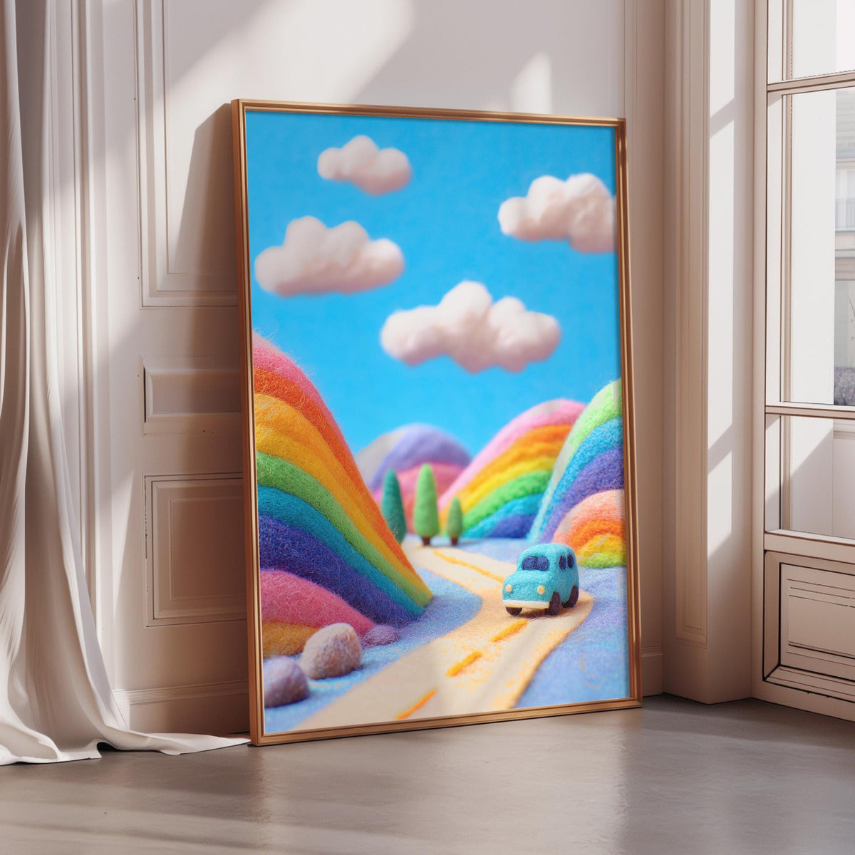 A framed painting depicting a whimsical, colorful landscape with a rainbow-colored road leading to a blue car, set against a bright blue sky with fluffy white clouds.