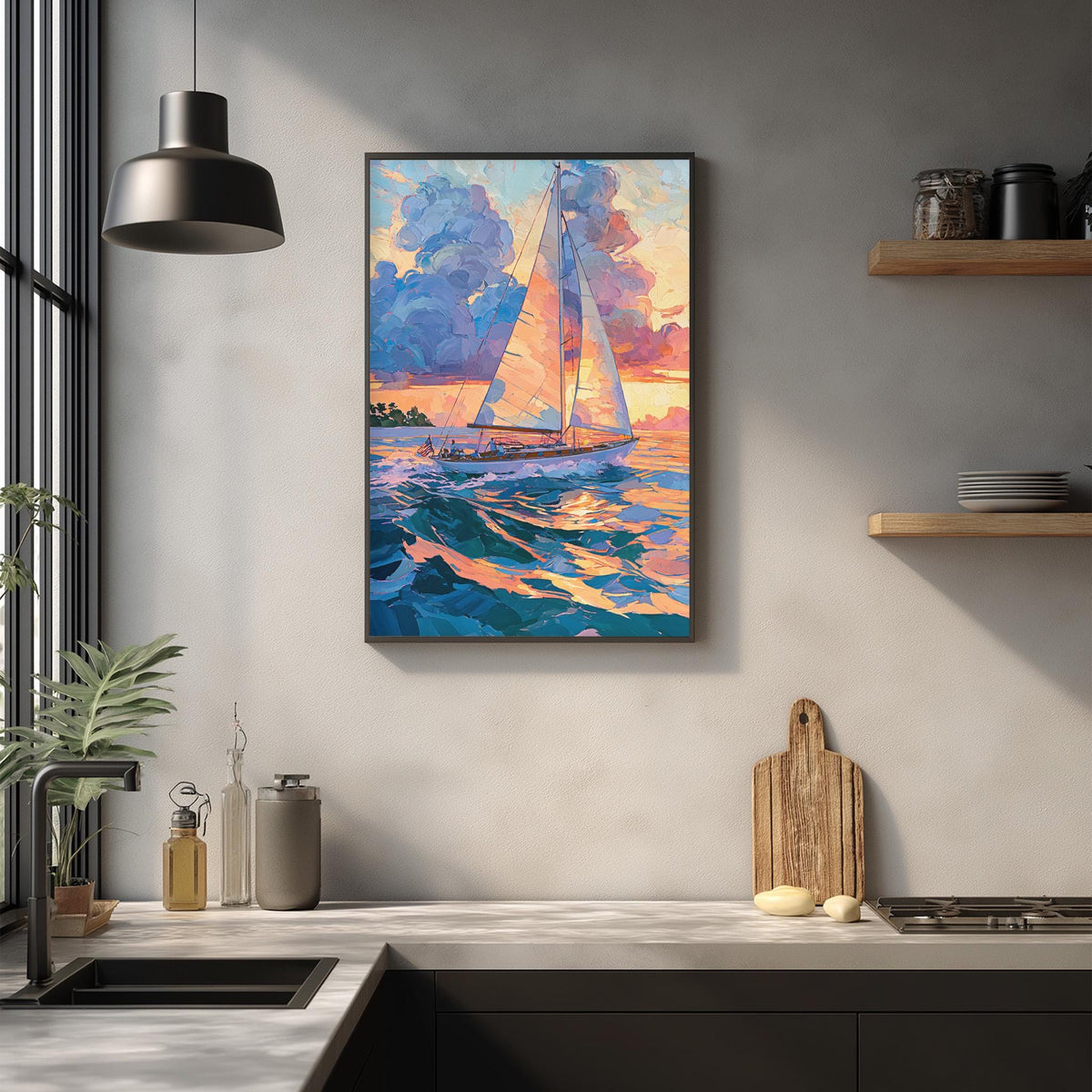 a kitchen counter with a framed painting of a sailboat on the wall above it. The painting depicts a sailboat on a body of water, with a colorful sunset in the background. The kitchen counter also has various items such as a cutting board, a bottle, and a vase.
