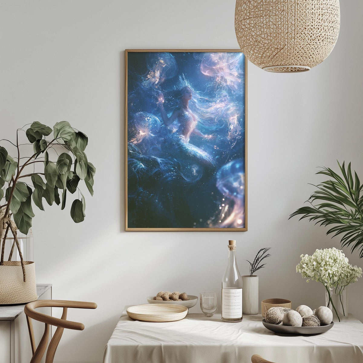 a dining table with a white tablecloth, a bowl of fruit, a bottle, and a vase with flowers. Above the table, there is a framed picture of a mermaid with a blue and purple background.