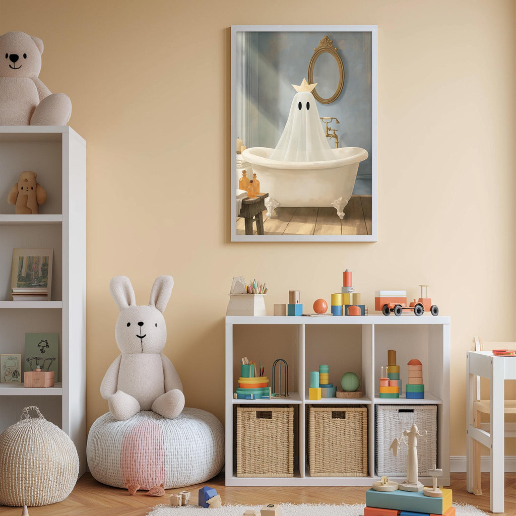 A cozy children's room with a white bathtub, a stuffed bunny, and a shelf filled with toys and storage bins. A framed picture of a ghost in a bathtub is displayed on the wall above the shelf.