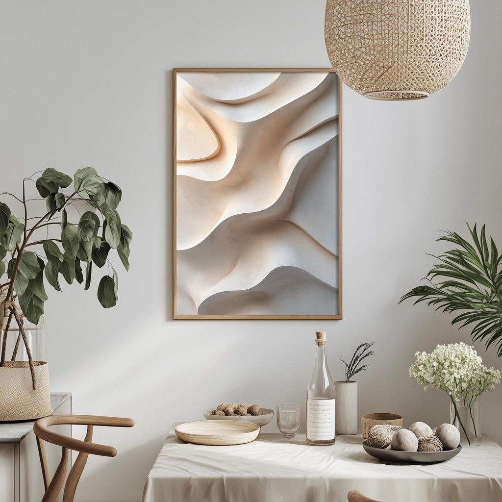 a minimalist dining room with a white tablecloth, a framed abstract artwork hanging on the wall, and various decorative elements such as potted plants, vases, and bowls.