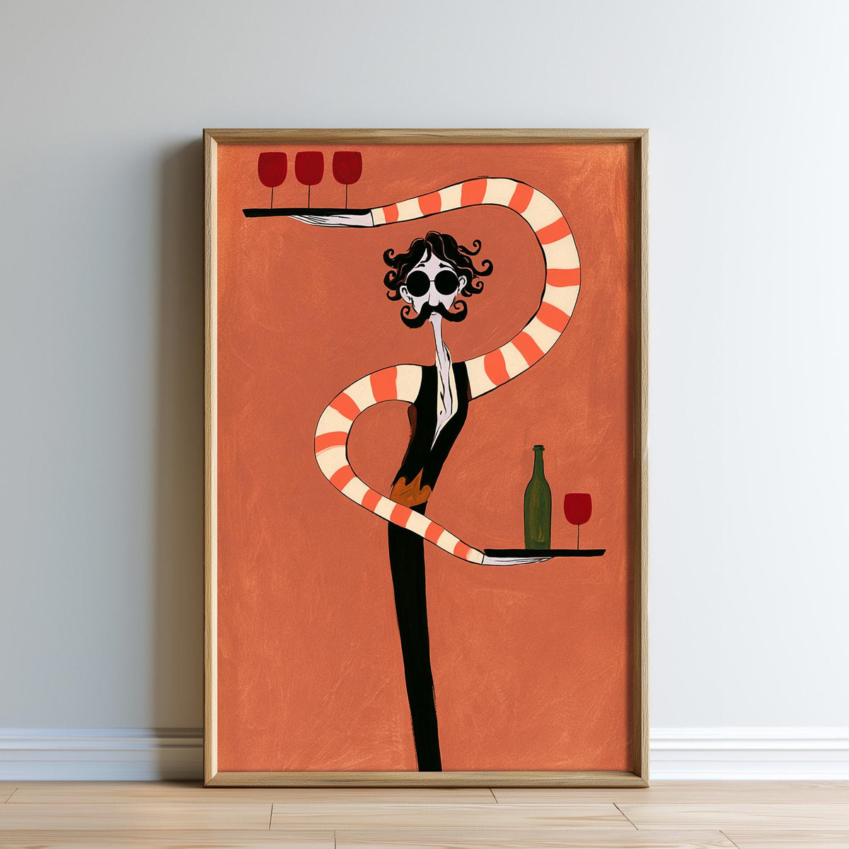 The image is a framed painting depicting a stylized figure holding a tray with three wine glasses and a bottle of wine.