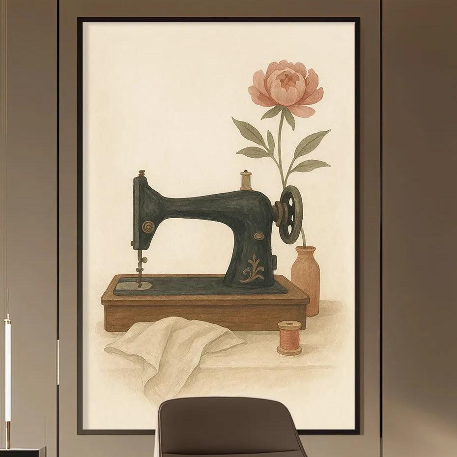a modern office space with a large framed painting of a sewing machine on the wall, a wooden desk with a chair, and built-in bookshelves.