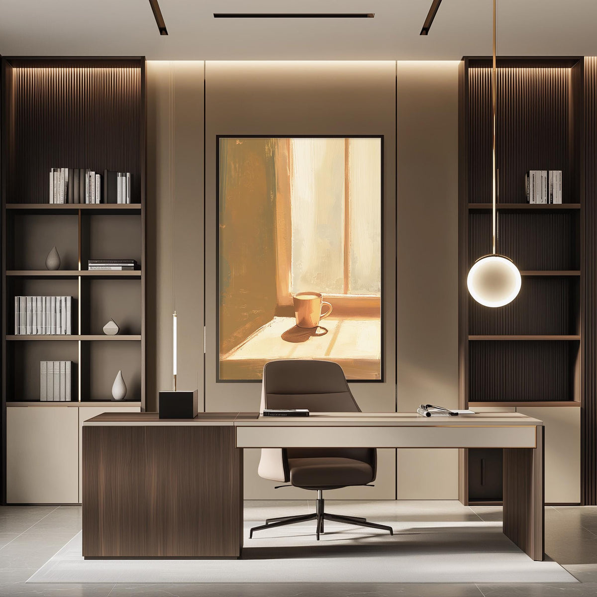a modern and minimalist office space with a large window, wooden furniture, and a painting on the wall.