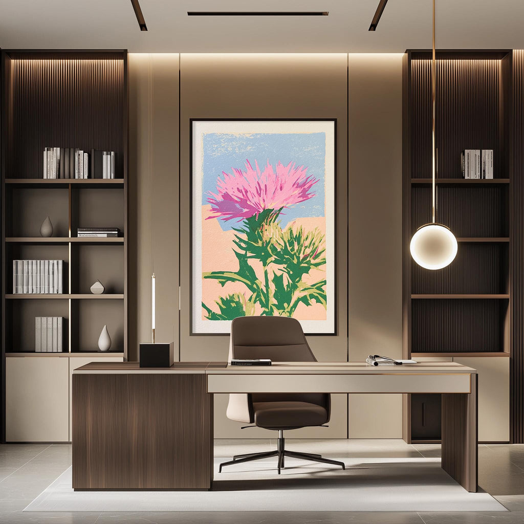 a modern and well-lit office space with a large framed print of a pink flower on the wall, a wooden desk with a chair, and built-in bookshelves.