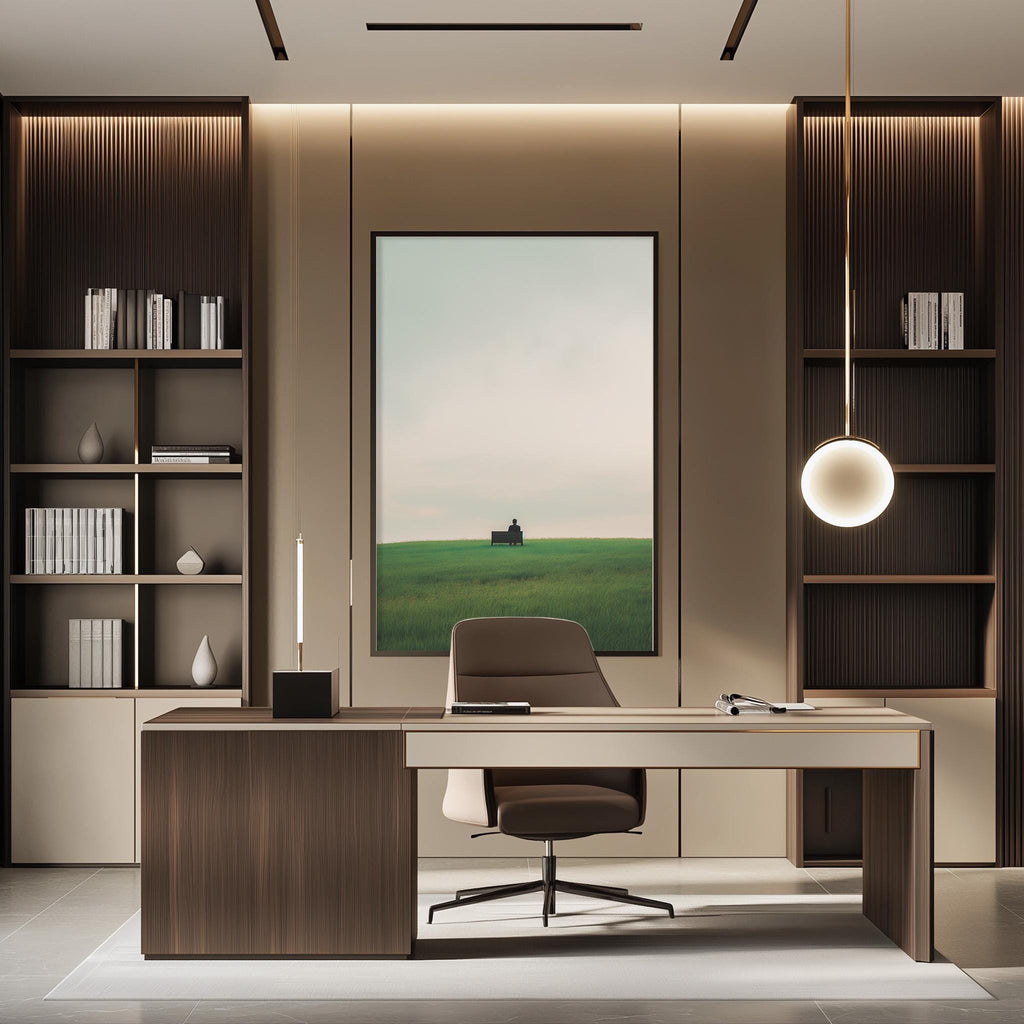 a modern and minimalist office space with a large window offering a view of a grassy field. The office features a wooden desk with a chair, a bookshelf, and a large painting on the wall.