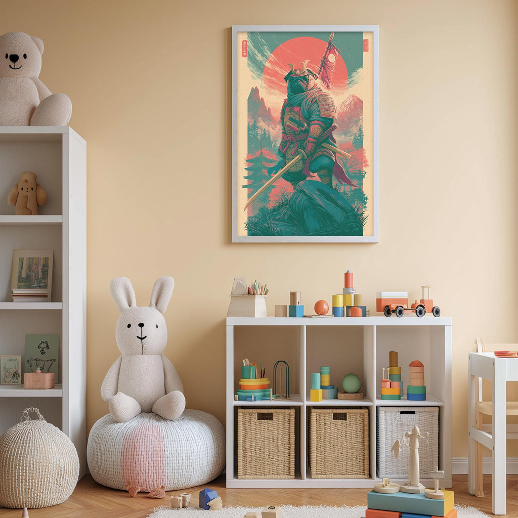 A child's bedroom with a large poster of a warrior figure on the wall, a white bookshelf filled with toys, and a small white chair.