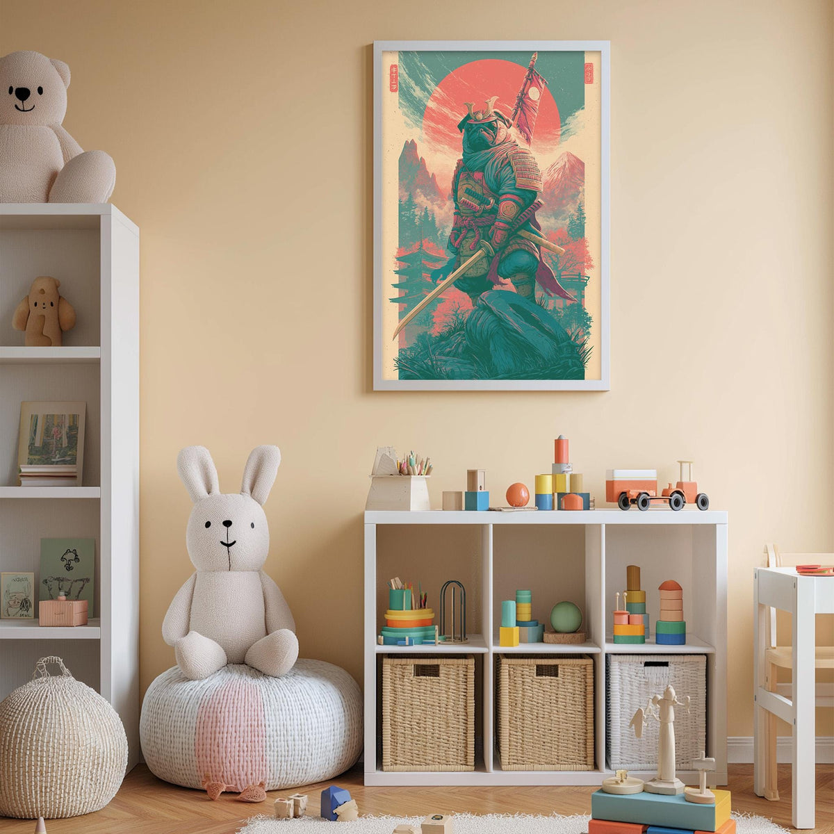 A child's bedroom with a large poster of a warrior figure on the wall, a white bookshelf filled with toys, and a small white chair.