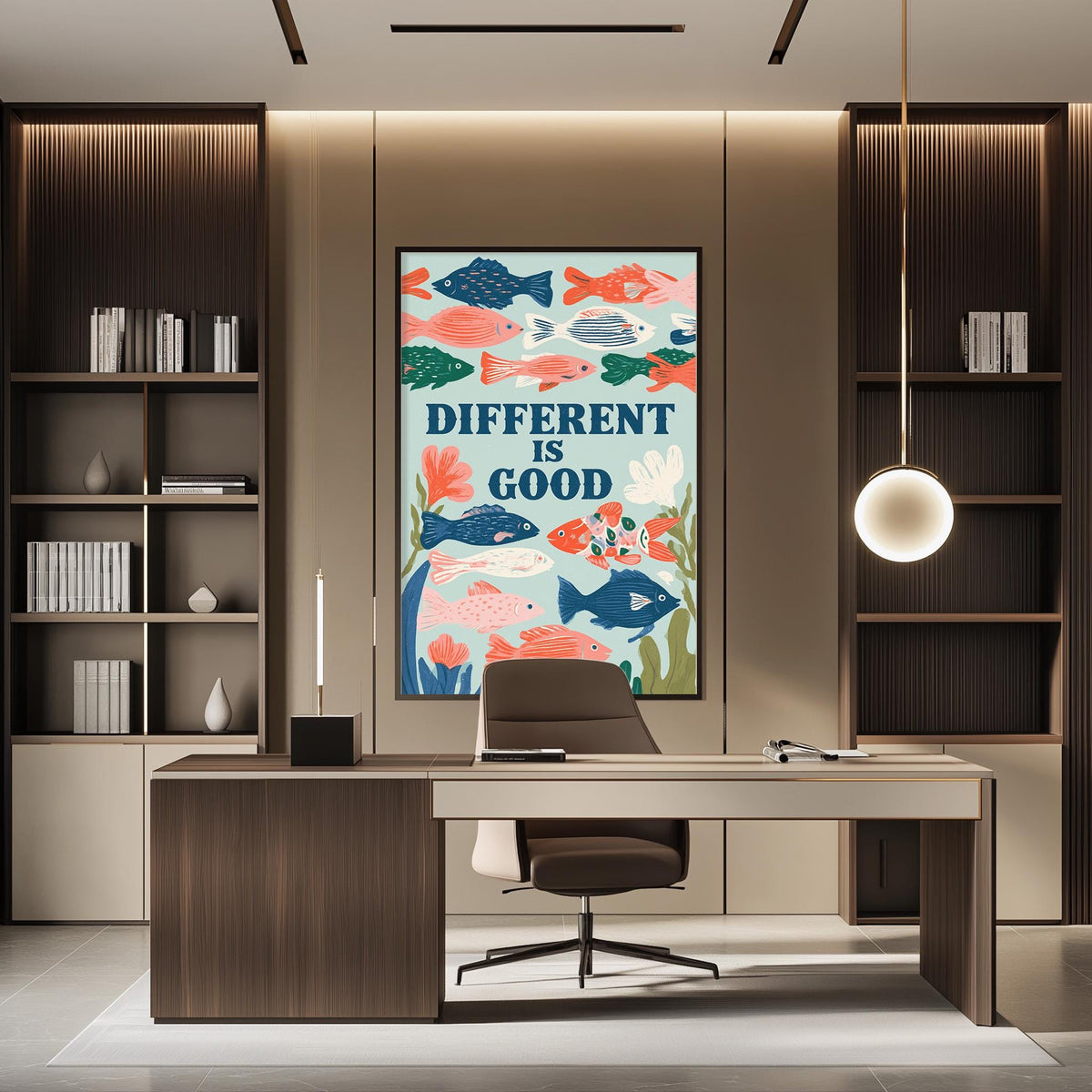a modern office space with a large framed poster on the wall that says "DIFFERENT IS GOOD". The office has a wooden desk, a chair, and a bookshelf filled with books. The overall design and decor create a professional and creative atmosphere.