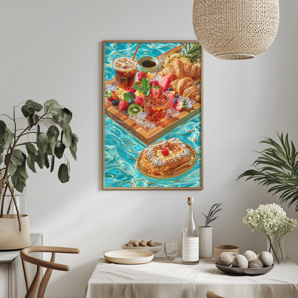 a dining table with a white tablecloth, a vase of flowers, a bottle of wine, and a bowl of fruit. A framed painting of a fruit platter hangs on the wall above the table.
