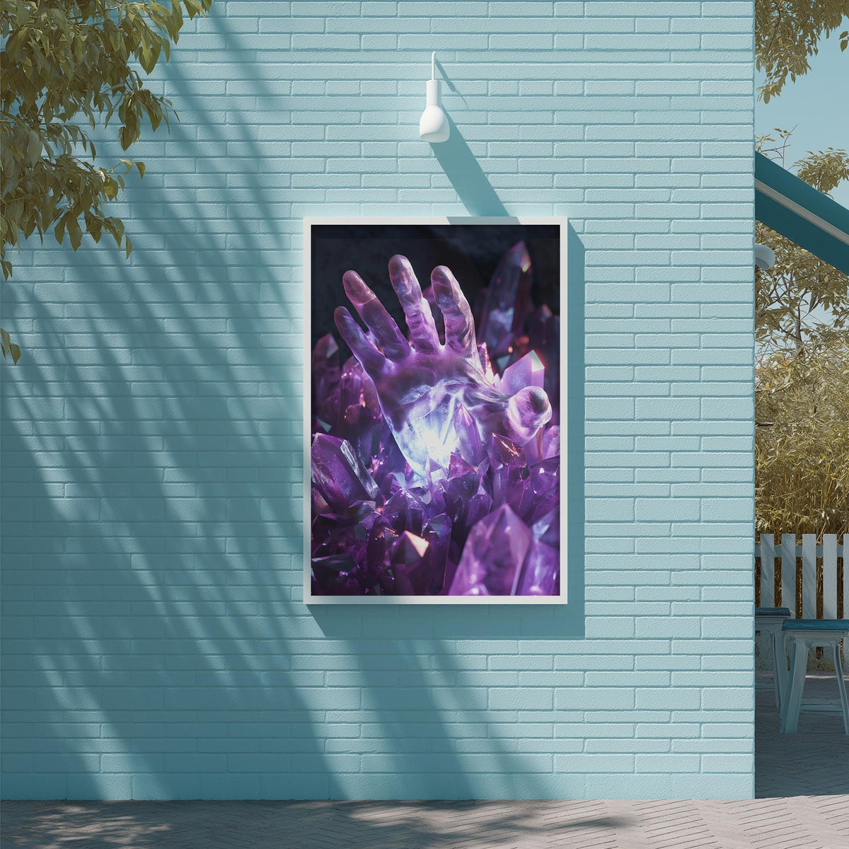 a large, vibrant purple crystal displayed on a blue wall, creating a striking visual contrast.