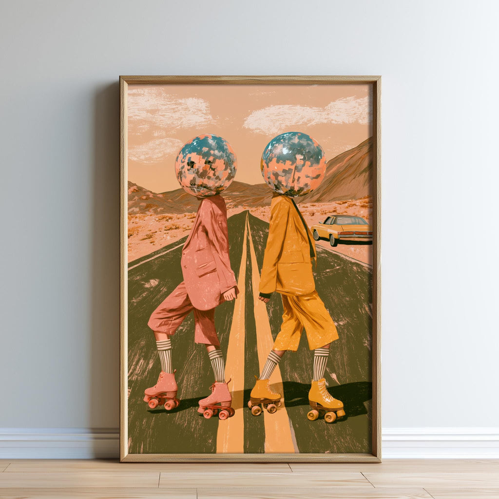 The image is a framed poster featuring two people on rollerblades, each with a headdress, against a desert landscape with mountains in the background.