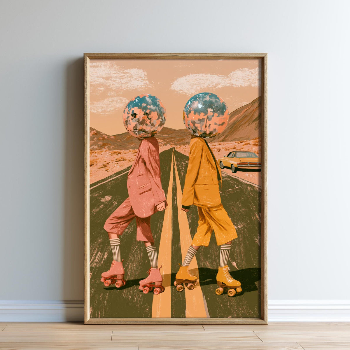 The image is a framed poster featuring two people on rollerblades, each with a headdress, against a desert landscape with mountains in the background.