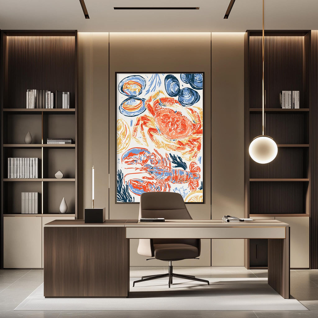 a modern and stylish office space with a large abstract painting of a crab on the wall, a wooden desk with a chair, and built-in bookshelves.