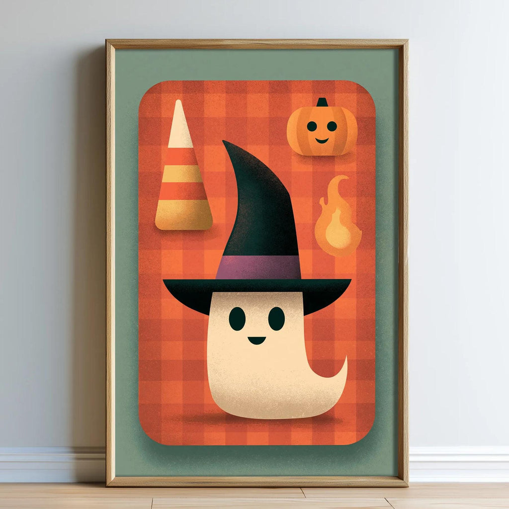 The image is a framed illustration featuring a witch wearing a black hat, surrounded by Halloween-themed objects such as a pumpkin, a cone, and a ghost.