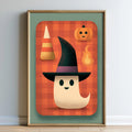 The image is a framed illustration featuring a witch wearing a black hat, surrounded by Halloween-themed objects such as a pumpkin, a cone, and a ghost.