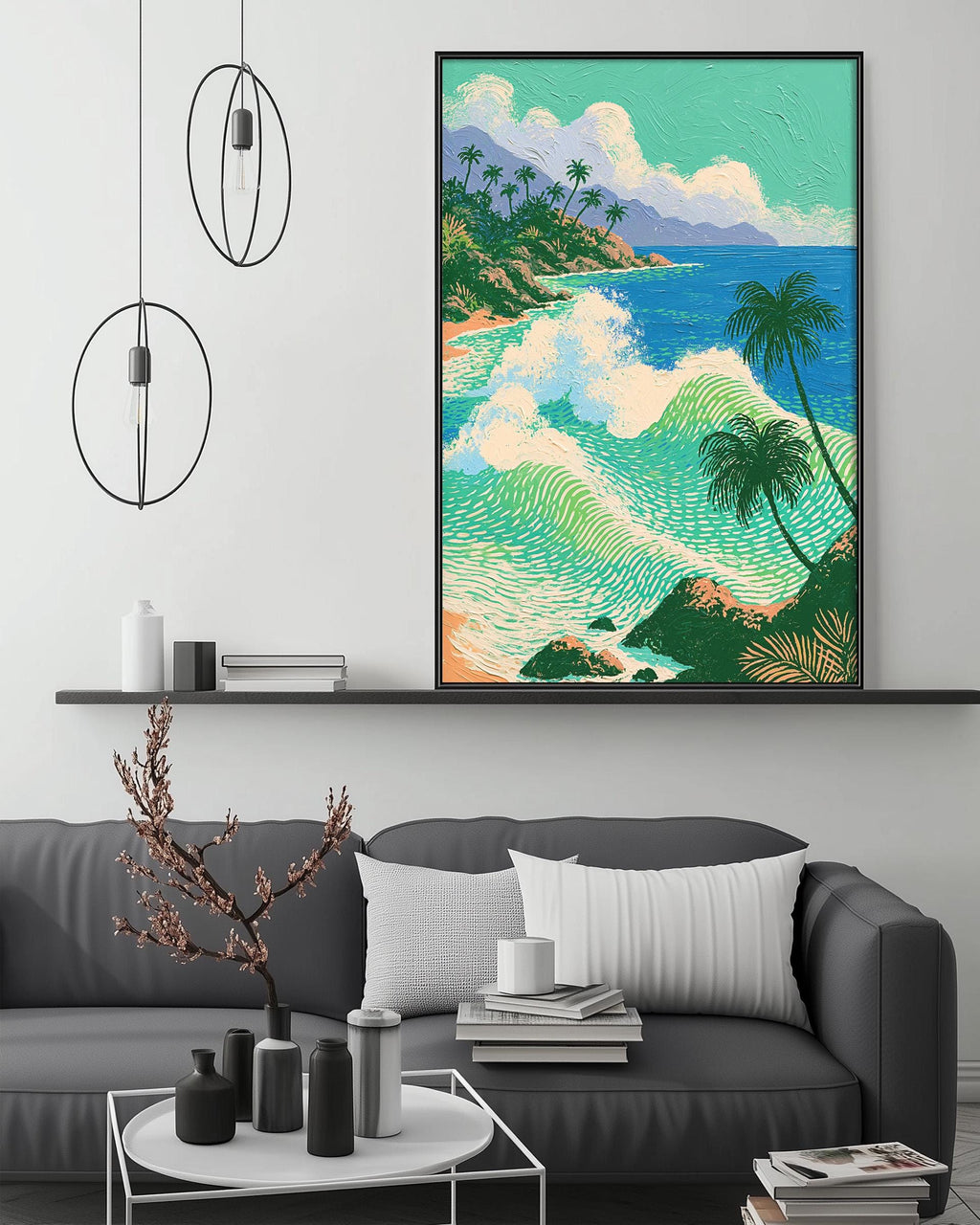 a large, colorful painting of a tropical beach scene hanging on a wall above a gray couch in a living room setting.