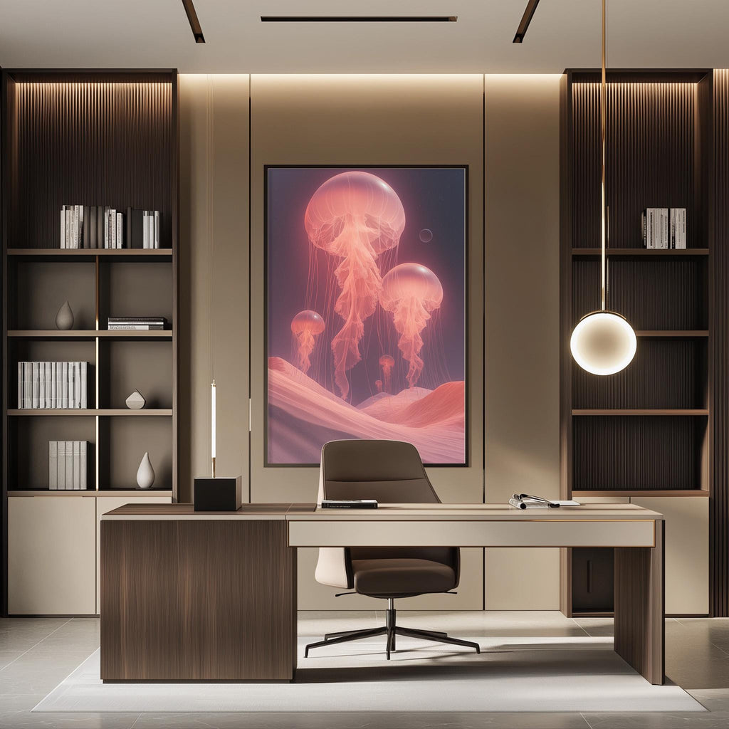 a modern and stylish office space with a large framed artwork of jellyfish on the wall, creating a serene and creative atmosphere.