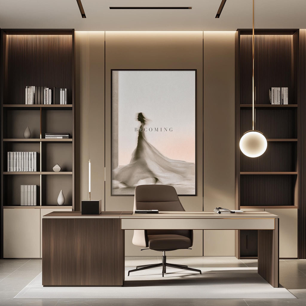 a modern and minimalist office space with a large desk, a comfortable chair, and a framed poster on the wall.