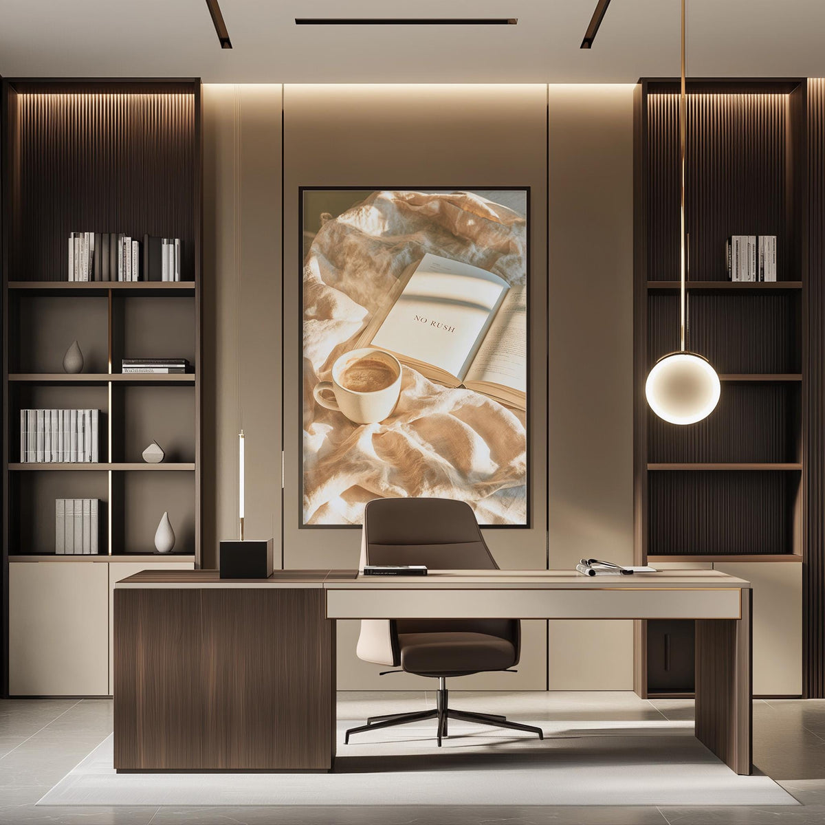 a modern and well-organized office space with a large framed artwork of a book and a cup of coffee on the wall. The office features a wooden desk, a comfortable chair, and built-in bookshelves. The overall design and layout of the space create a professional and inviting atmosphere.