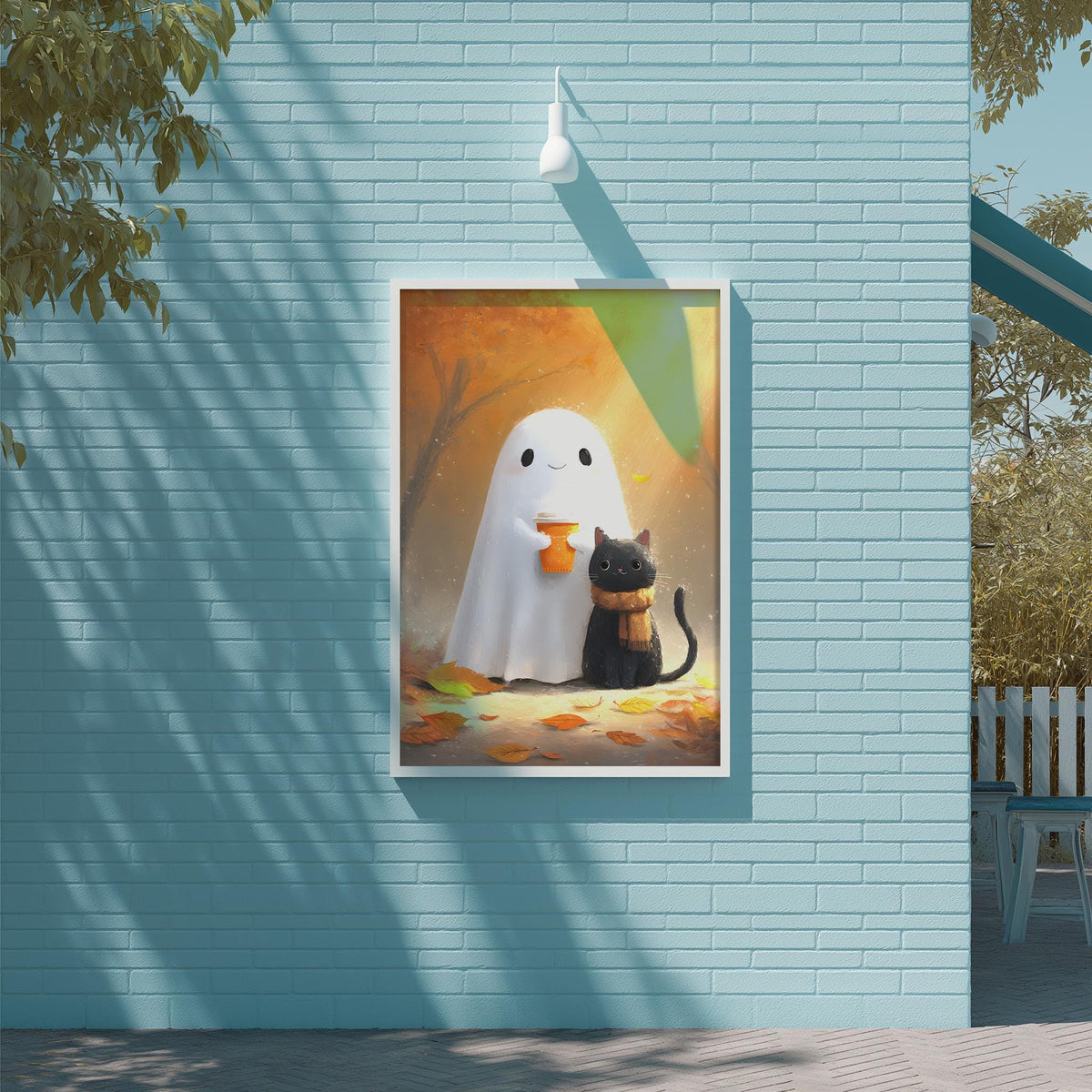 a ghost and a cat sitting together on a brick wall, with a painting or poster hanging on the wall.