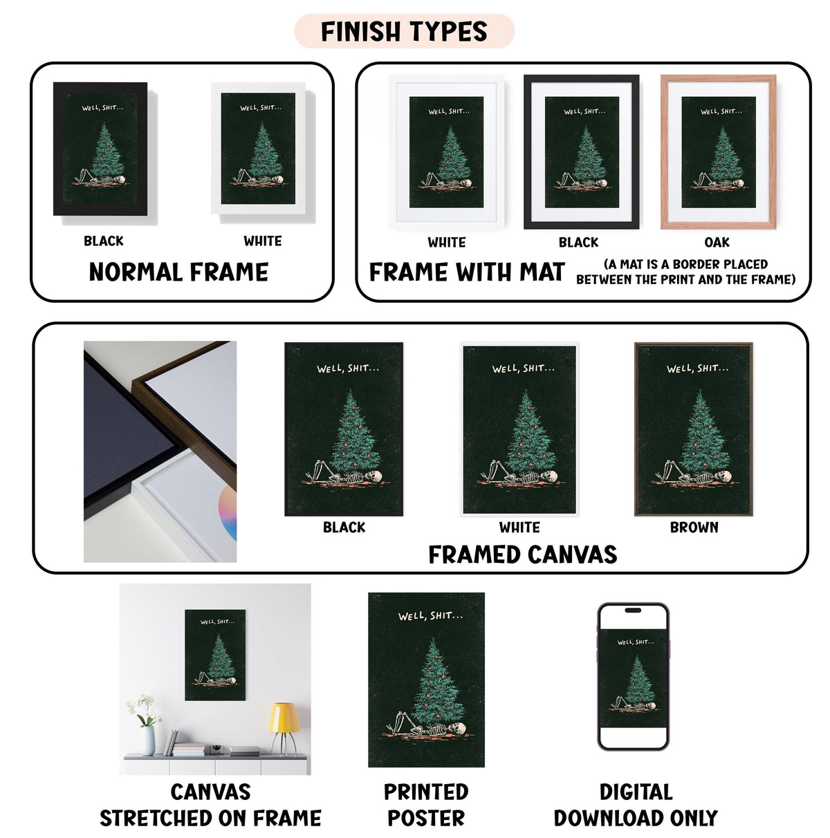 various types of artwork, including a framed canvas, a stretched canvas, a printed poster, and a digital download. The artwork features a Christmas tree and the phrase "Well, shit..."