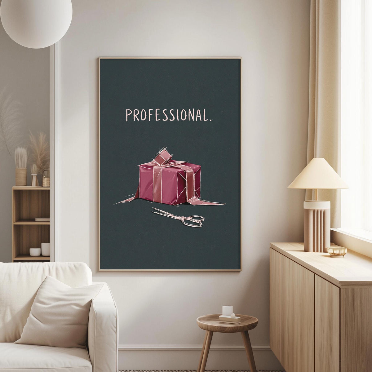 a living room with a large framed poster on the wall that says "PROFESSIONAL." The poster depicts a gift box with a pair of scissors on the floor, suggesting a creative or artistic theme.