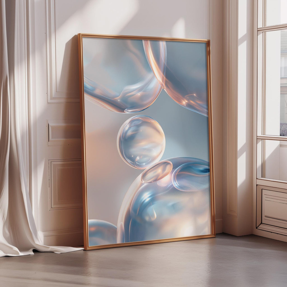 a large, framed picture of bubbles on a wall, with a window and curtains in the background.