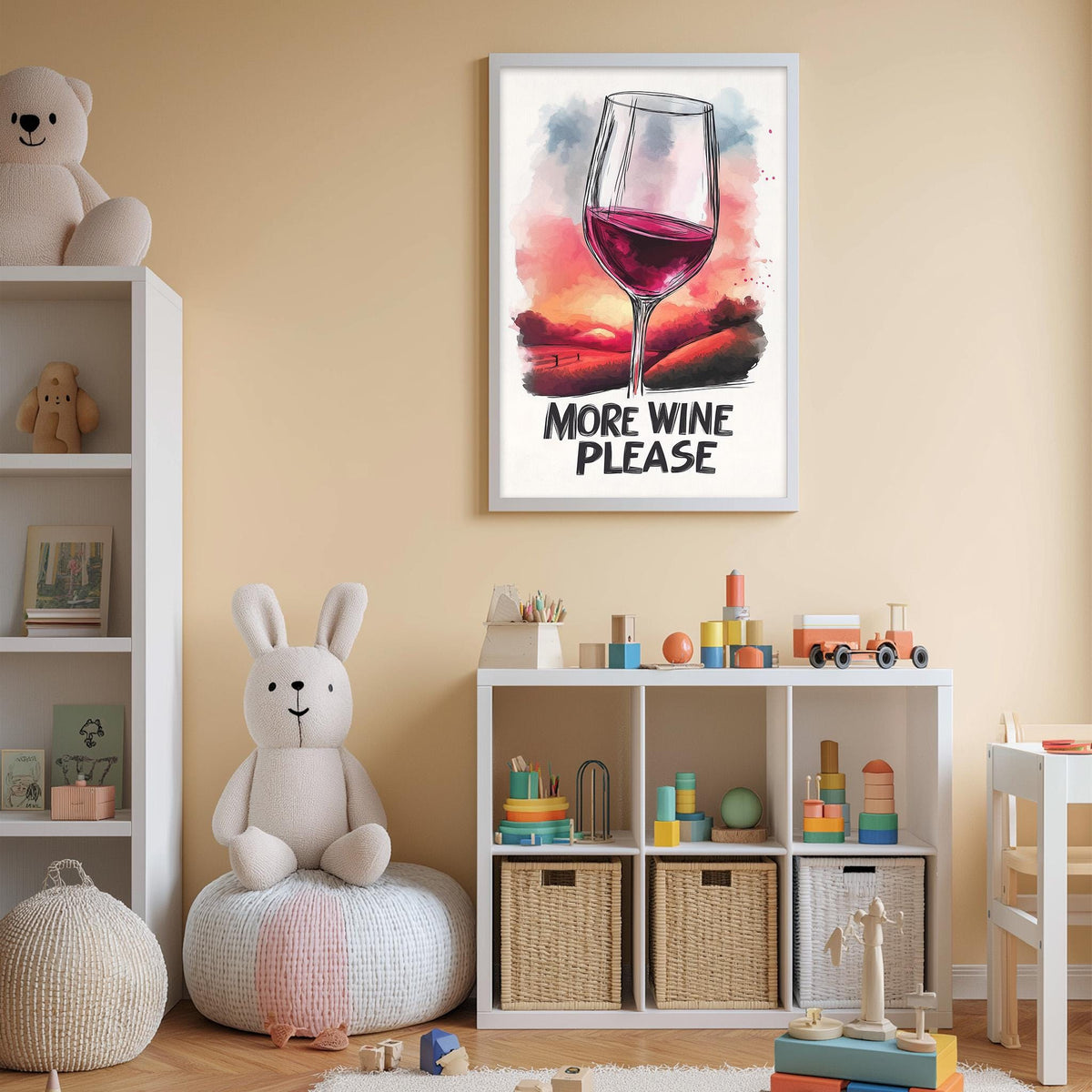 a child's room with a teddy bear, a shelf with toys, and a framed poster with a wine glass and the text "MORE WINE PLEASE".