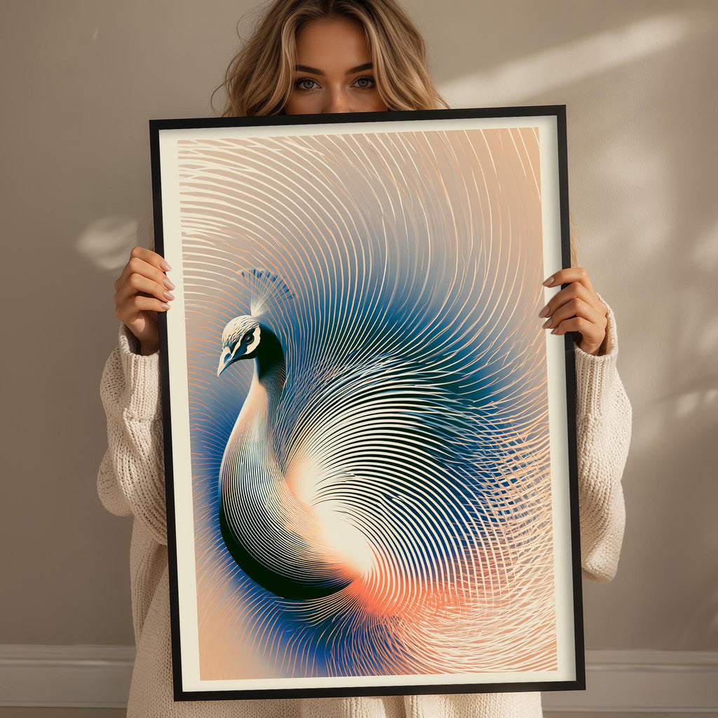 A woman is holding a framed picture of a peacock, which features a colorful and intricate design of the bird's feathers.