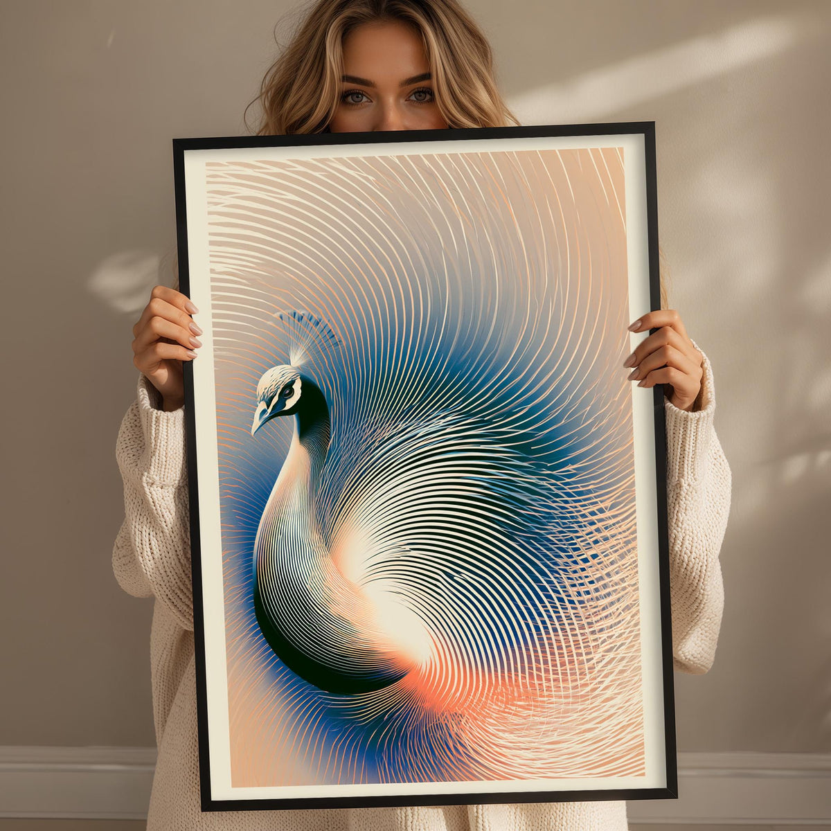 A woman is holding a framed picture of a peacock, which features a colorful and intricate design of the bird's feathers.