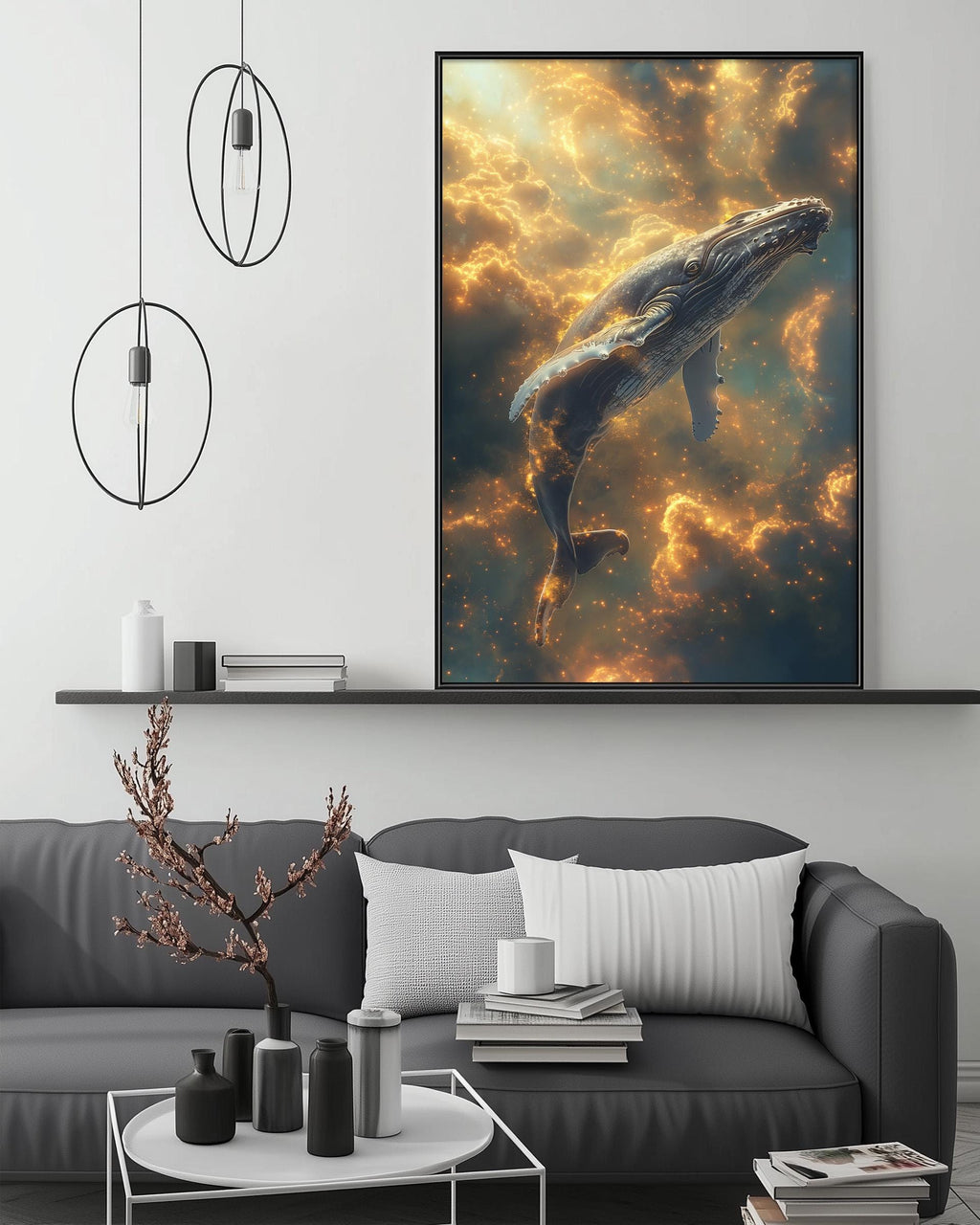 a large, vibrant painting of a whale swimming in the ocean, with a dramatic sky and clouds in the background. The painting is displayed on the wall above a gray couch, which is positioned in front of a coffee table. The room has a minimalist and modern design, with a few decorative items such as a potted plant, vases, and books.