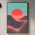 a modern kitchen with a large framed poster of a sunset landscape hanging on the wall above a wooden cutting board and other kitchen items.