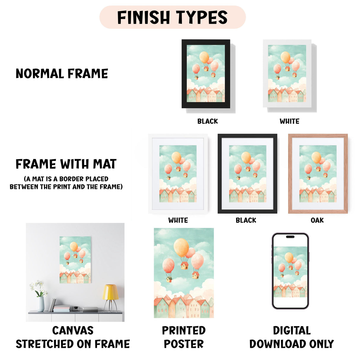 various finish types for artwork, including a normal frame, a frame with a mat, a white frame, a black frame, an oak frame, a white canvas stretched on a frame, a printed poster, and a digital download only.