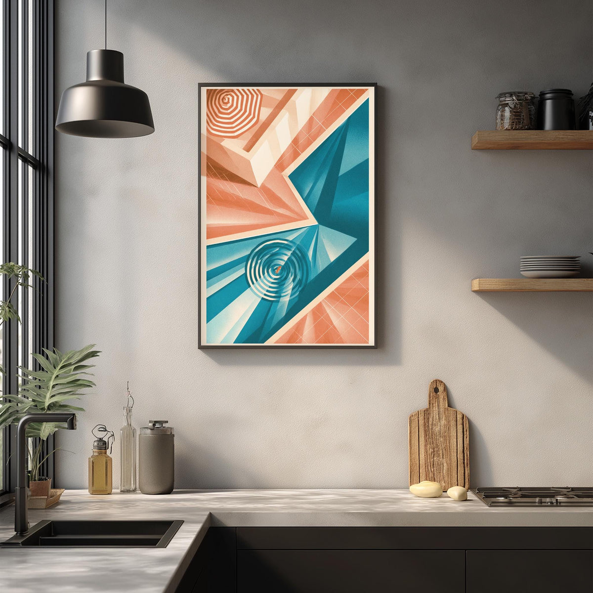 a modern kitchen with a large abstract painting hanging on the wall above a countertop. The painting has a geometric design with shades of blue, orange, and white. The kitchen countertop has various items, including a cutting board, a bottle, and a vase. The overall scene has a minimalist and contemporary aesthetic.