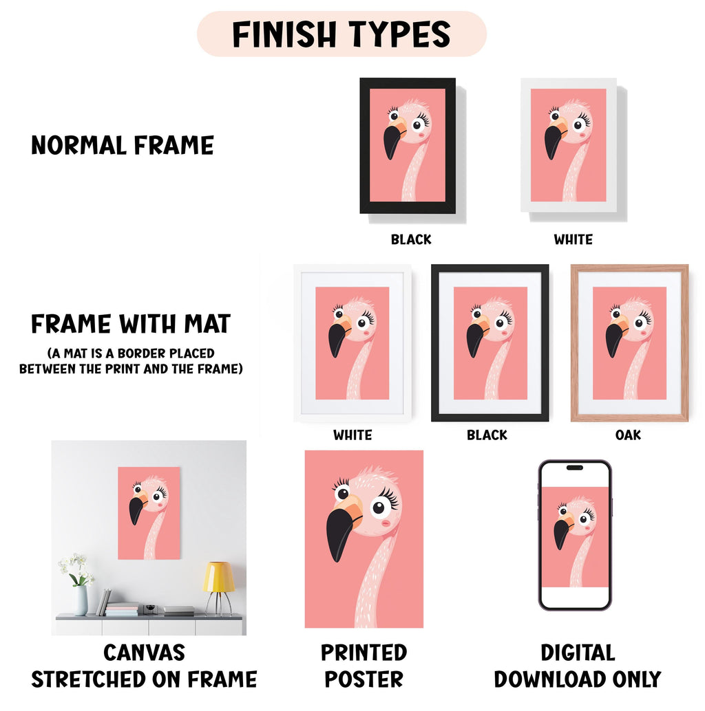 various types of framed artwork, including a normal frame, a frame with a mat, a frame with a black border, a white frame, a black frame, an oak frame, a canvas stretched on a frame, a printed poster, and a digital download only.