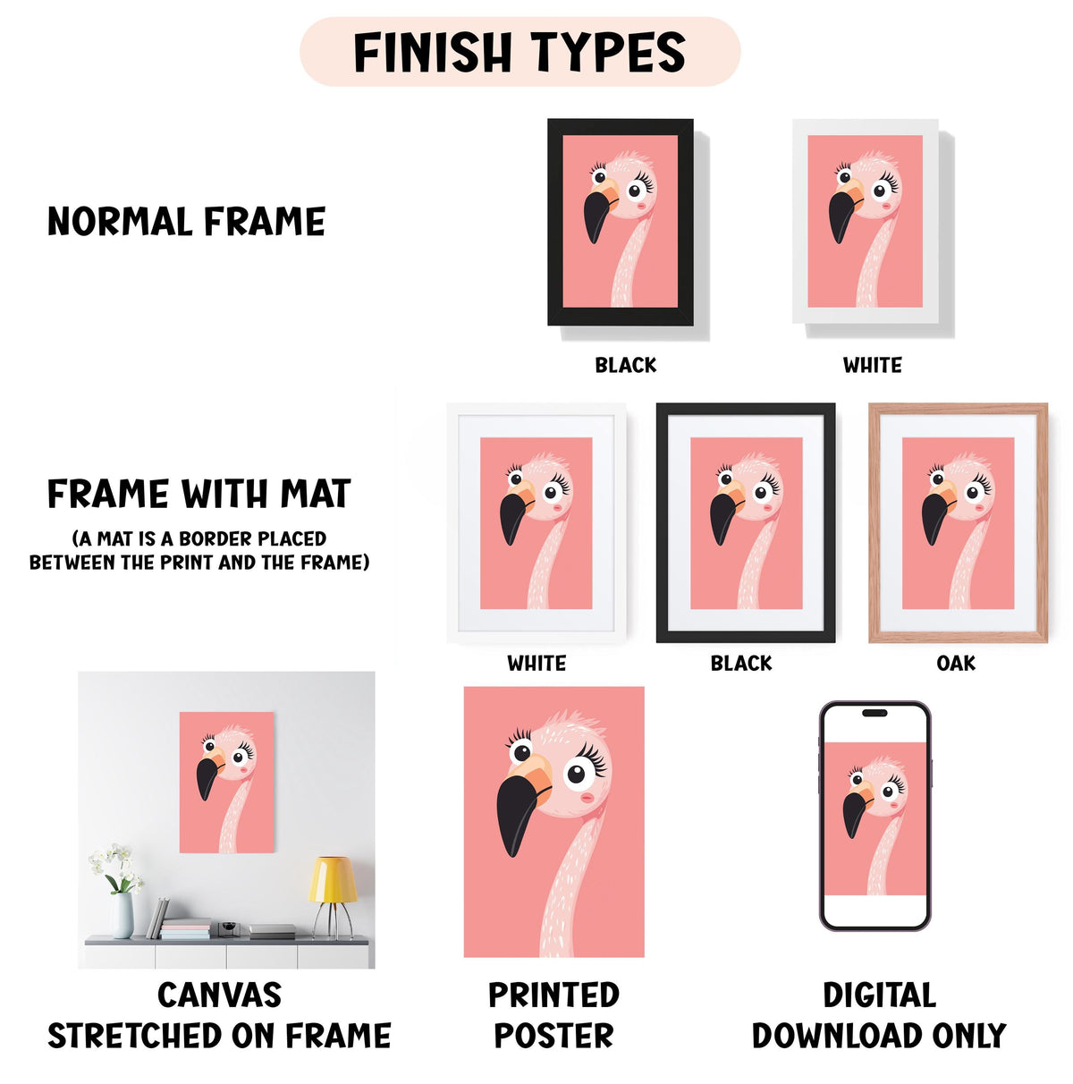 various types of framed artwork, including a normal frame, a frame with a mat, a frame with a black border, a white frame, a black frame, an oak frame, a canvas stretched on a frame, a printed poster, and a digital download only.