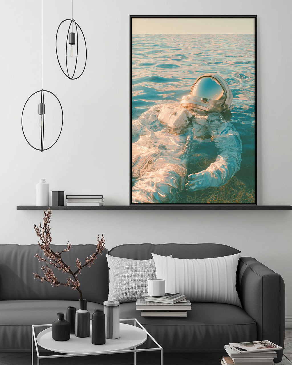 a large framed photograph of an astronaut floating in the ocean, with a minimalist and modern living room setting in the background.