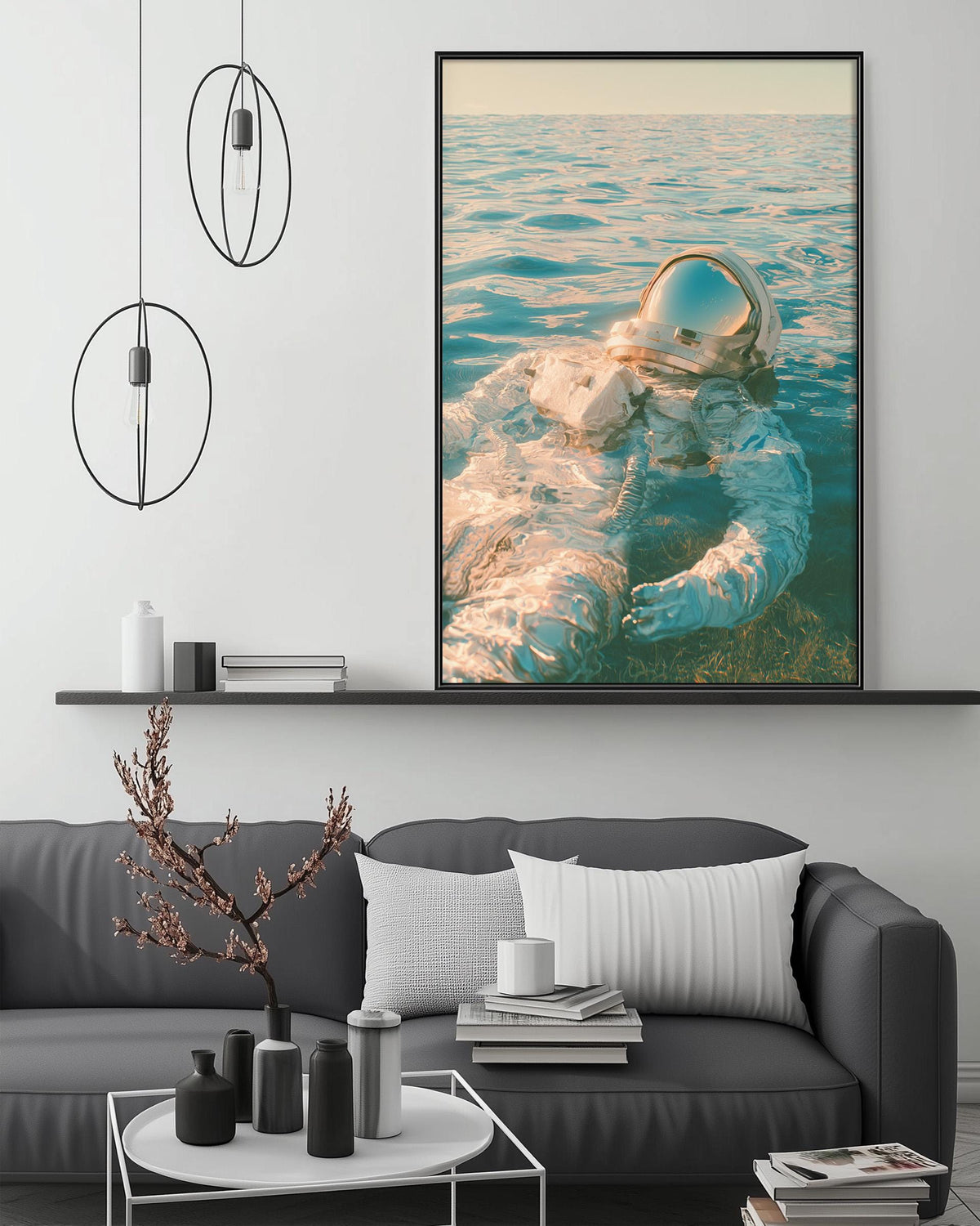 a large framed photograph of an astronaut floating in the ocean, with a minimalist and modern living room setting in the background.