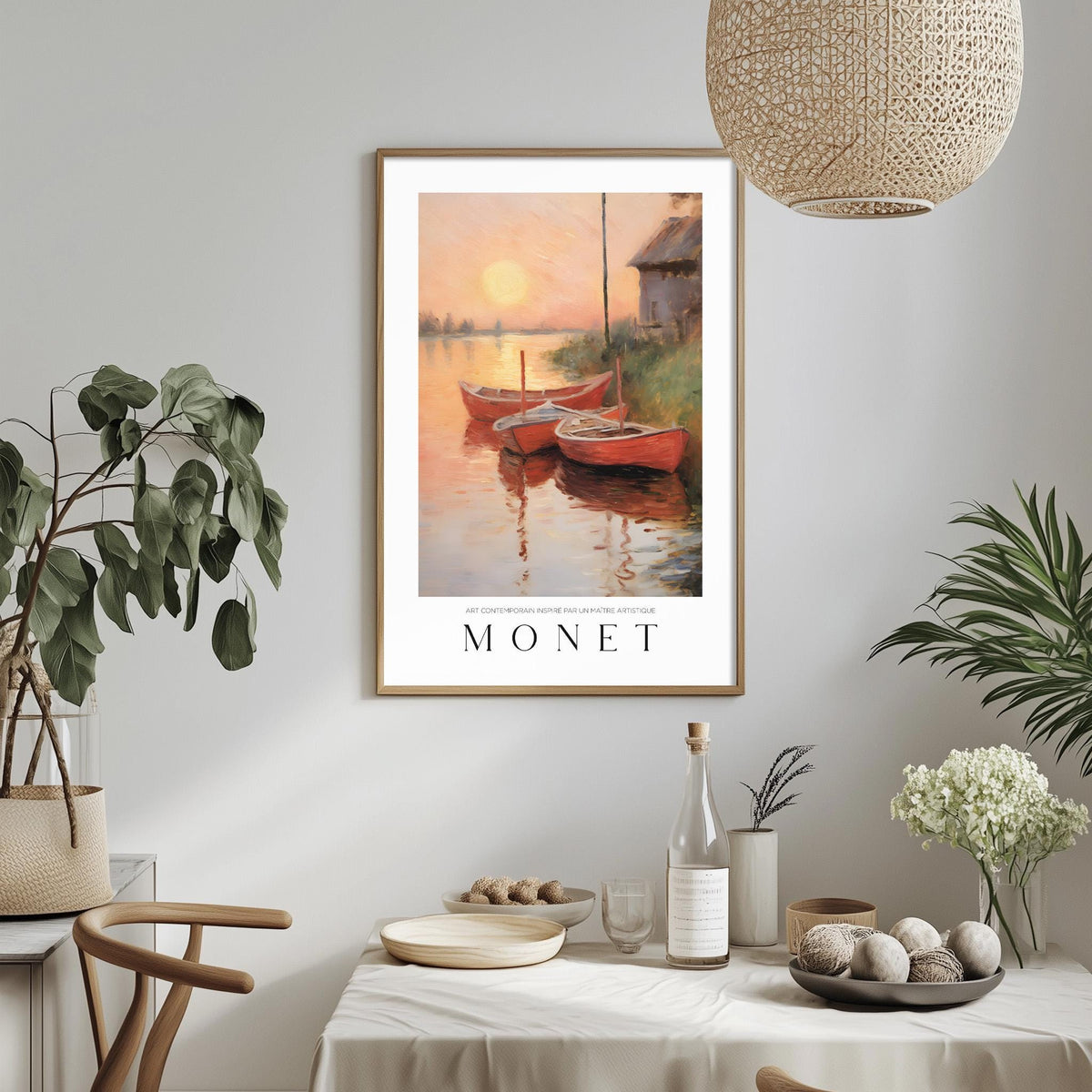a framed painting of a serene sunset over a body of water, with two boats gently floating on the water. The painting is hung on a wall above a dining table, which is set with various items such as a bottle, a bowl, and a vase. The table is surrounded by chairs, creating a cozy and inviting atmosphere. The overall scene is a peaceful and picturesque representation of a moment in time.