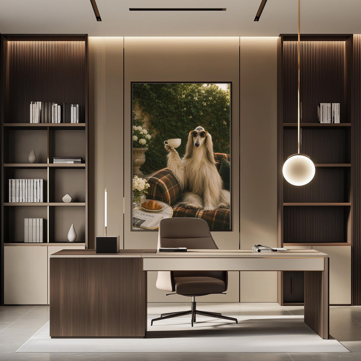 a modern office space with a large framed picture of a dog sitting on a couch, holding a cup of coffee, and surrounded by bookshelves and a desk.