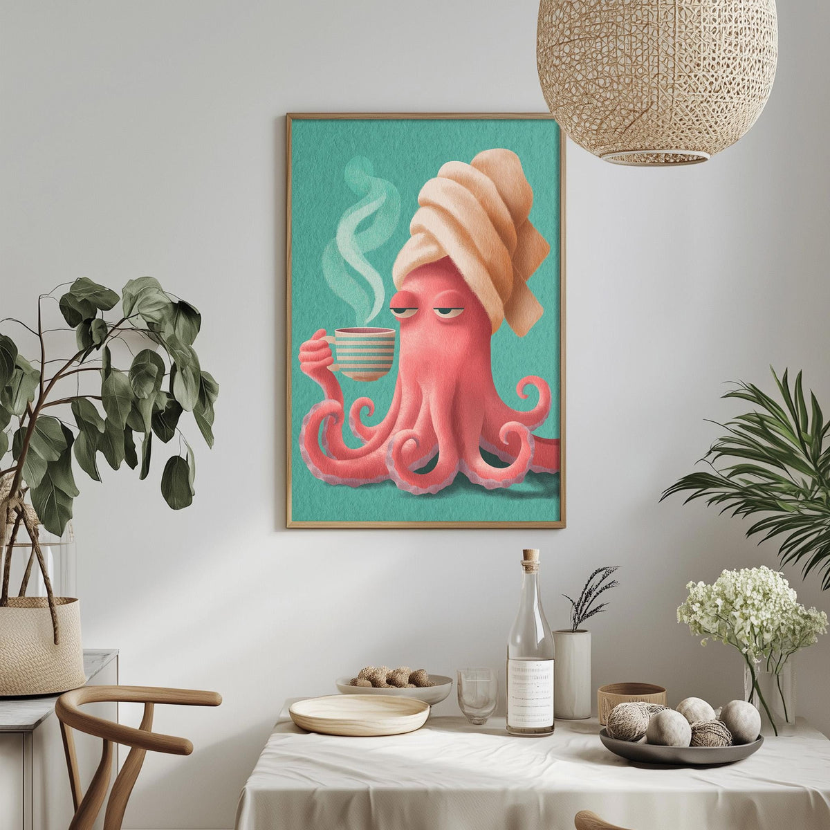 a framed illustration of an octopus holding a cup of tea, surrounded by various decorative elements such as plants, vases, and a bowl of fruit.