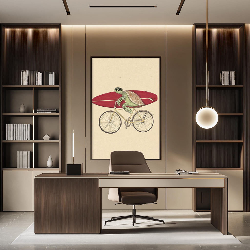 a modern office space with a large framed artwork of a turtle riding a bicycle on the wall. The office features a desk, chair, and shelving units, creating a professional and stylish atmosphere.