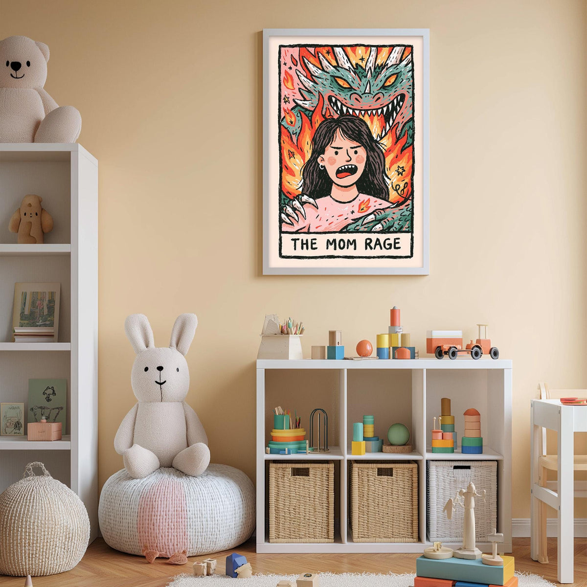 a child's bedroom with a large poster of a woman with a dragon on the wall, a stuffed rabbit, a toy train, and a toy castle.