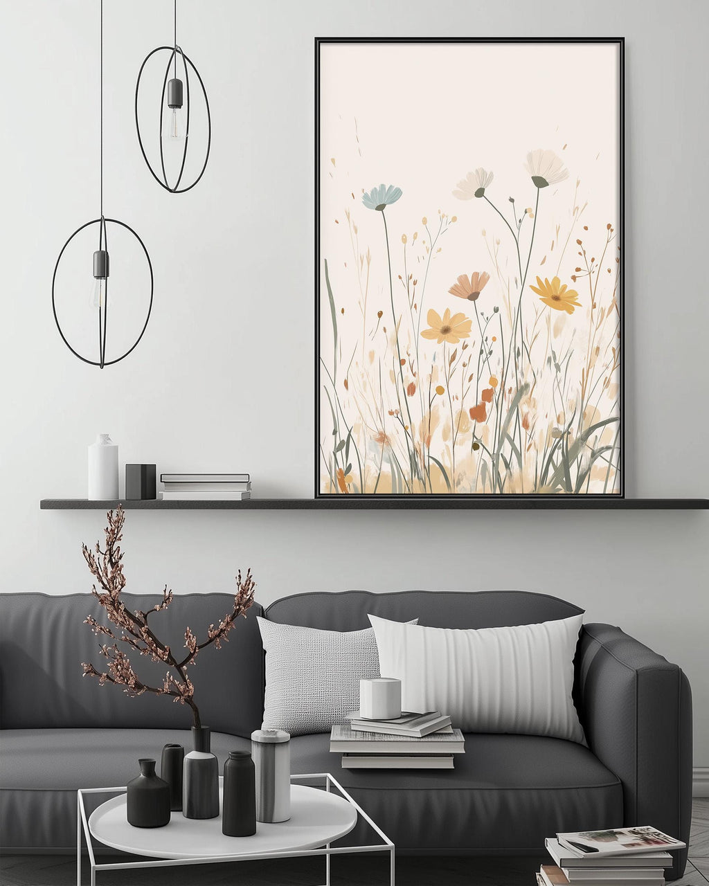 a modern living room with a gray sofa, a coffee table, and a large framed print of a floral design on the wall above the sofa.