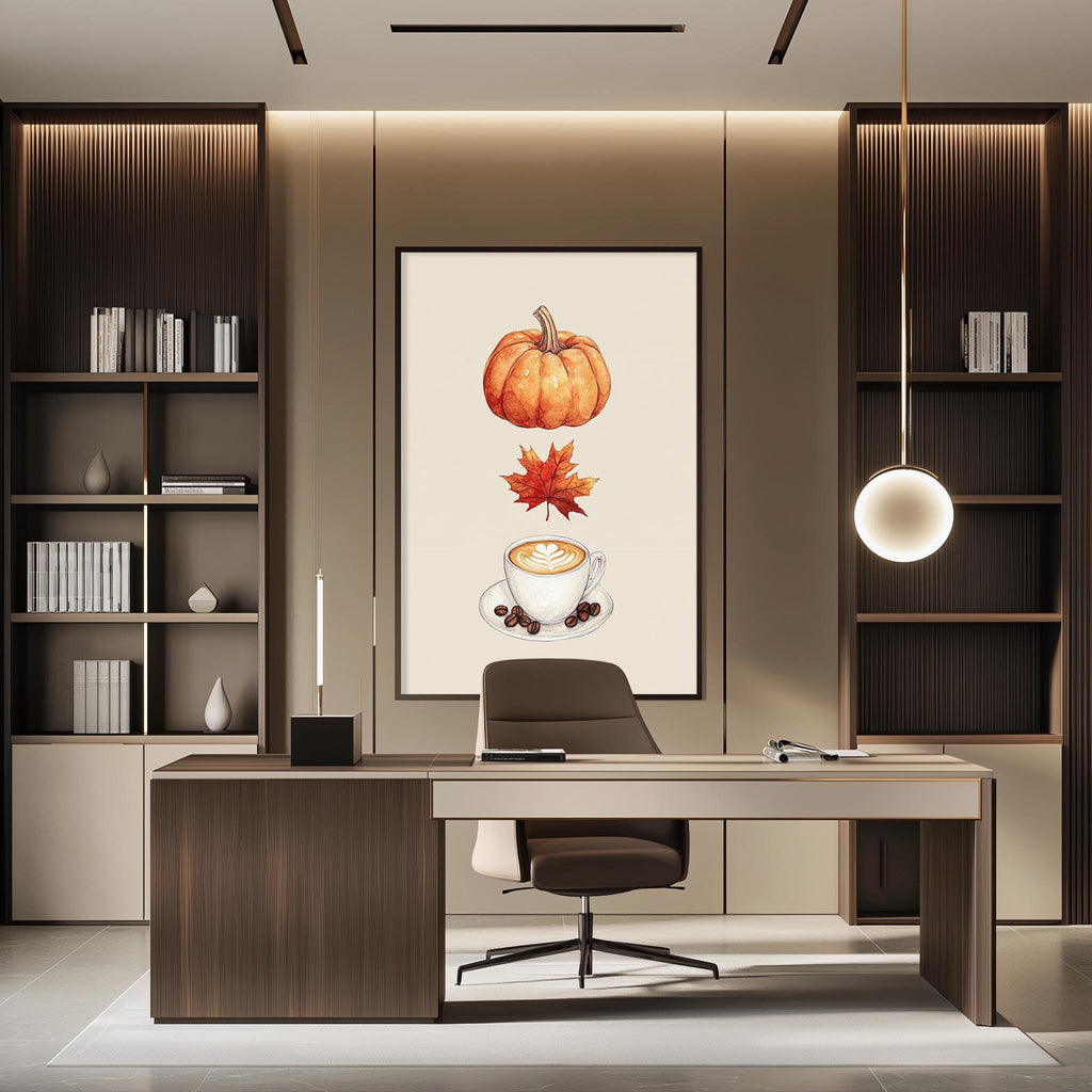 a modern office space with a large pumpkin and autumn leaves on the wall, a wooden desk with a chair, and a bookshelf filled with books.