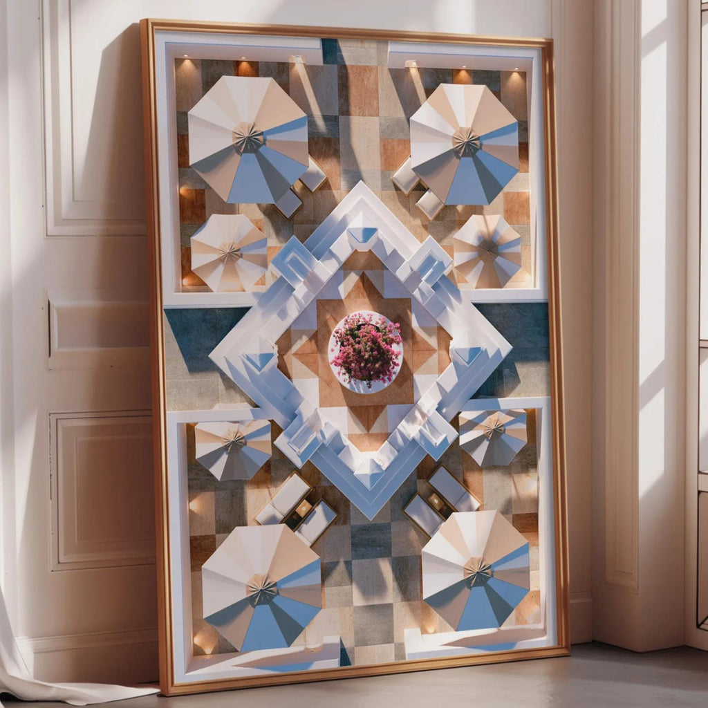 a large, colorful abstract painting displayed on a wall in a room with a window.