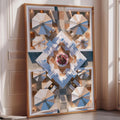 a large, colorful abstract painting displayed on a wall in a room with a window.