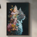 a kitchen counter with various items on it, including a framed picture of a cat with a floral design on its back, a wooden cutting board, and a potted plant.