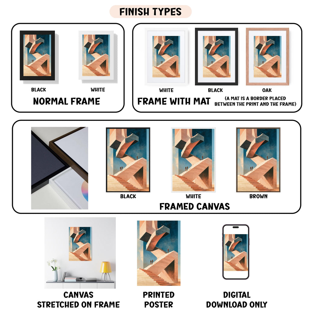 various types of framed artwork, including canvas stretched on a frame, framed canvas, and digital download only. The artwork is presented in different finishes, such as black, white, and brown, and the frame types are described as normal frame, frame with mat, and oak. The image also includes a smartphone displaying a poster and a table with a vase and a lamp.
